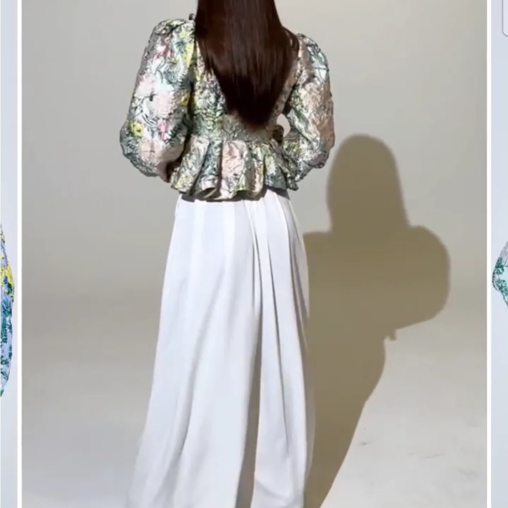 AKIRA Floral Tie-Front Puff Sleeve Blouse in Pale Pink, Green & Yellow - Picture 9 of 10